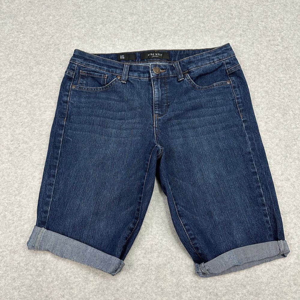 Nine West Shorts Denim Bermuda WMNS 6 Blue Stretch Mid-Rise Cuffed Hem Casual